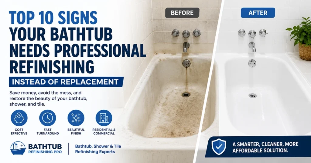 Before-and-after bathtub refinishing comparison showing a stained, damaged bathtub transformed into a clean, bright white tub. The graphic highlights the top 10 signs your bathtub needs professional refinishing instead of replacement, with benefits including cost effectiveness, fast turnaround, and beautiful results for residential and commercial bathrooms.