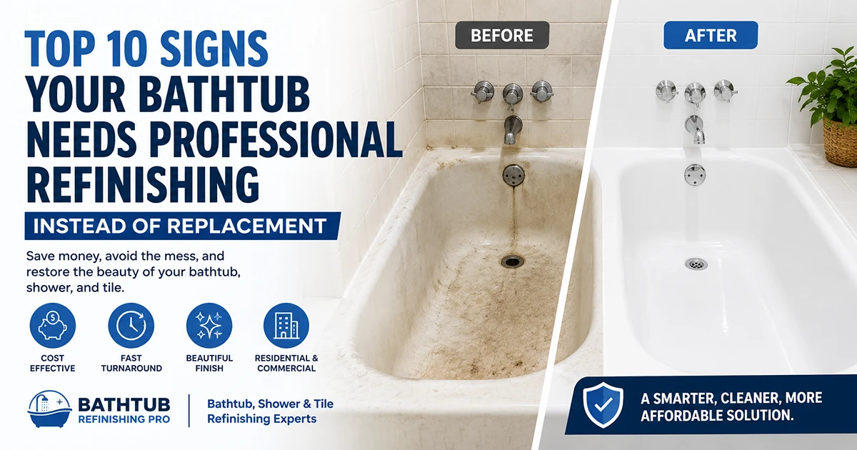Before-and-after bathtub refinishing comparison showing a stained, damaged bathtub transformed into a clean, bright white tub. The graphic highlights the top 10 signs your bathtub needs professional refinishing instead of replacement, with benefits including cost effectiveness, fast turnaround, and beautiful results for residential and commercial bathrooms.