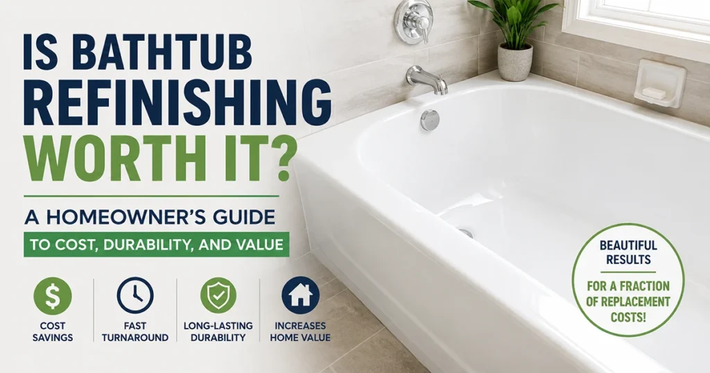 Modern bathroom featuring a professionally refinished white bathtub with overlay text reading “Is Bathtub Refinishing Worth It? A Homeowner’s Guide to Cost, Durability, and Value” alongside icons highlighting cost savings, fast turnaround, long-lasting durability, and increased home value.