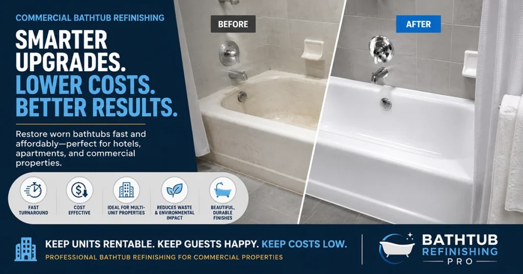 Commercial bathtub refinishing promotional graphic showing a side-by-side before-and-after transformation of a worn hotel or apartment bathtub into a clean, glossy white finish. The image includes bold text highlighting cost savings, fast turnaround times, and benefits for commercial properties such as hotels, apartments, and multifamily housing.
