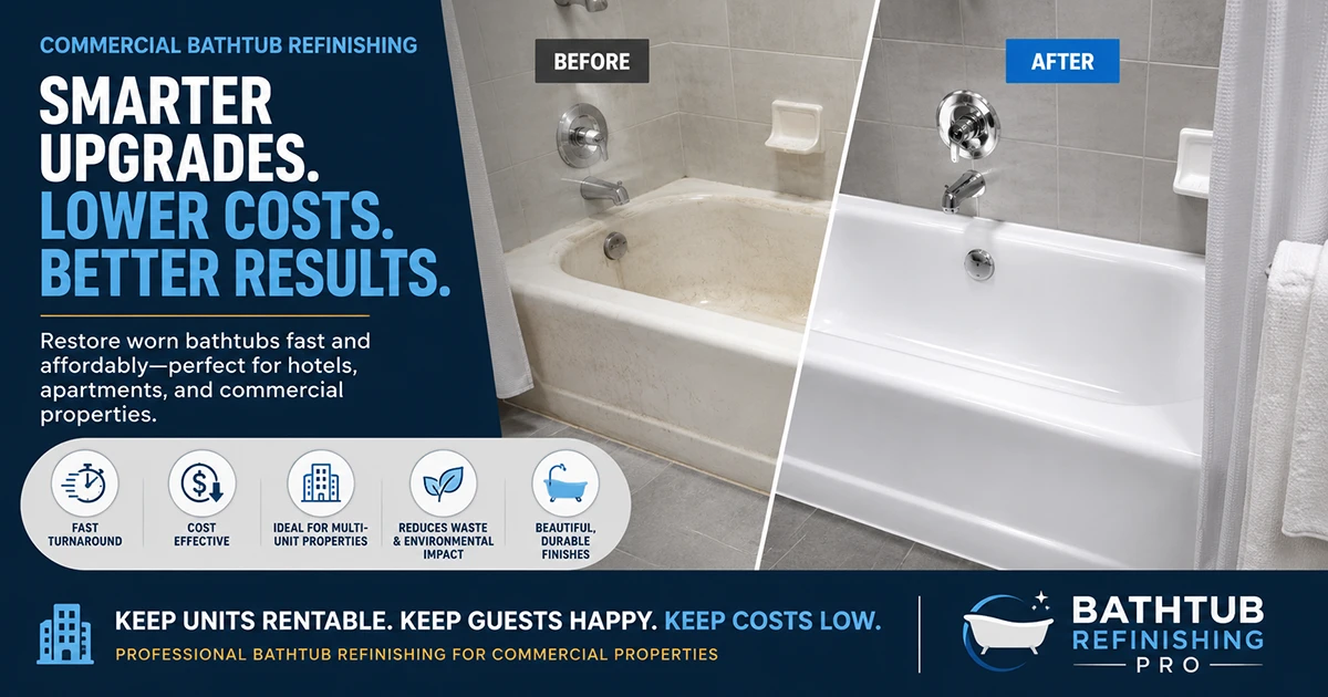 Commercial bathtub refinishing promotional graphic showing a side-by-side before-and-after transformation of a worn hotel or apartment bathtub into a clean, glossy white finish. The image includes bold text highlighting cost savings, fast turnaround times, and benefits for commercial properties such as hotels, apartments, and multifamily housing.