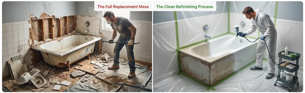 A side-by-side comparison illustrating a full bathtub replacement vs. a clean refinishing process. On the left, a man in a face mask uses a crowbar to remove an old, dirty tub from a heavily damaged tiled wall and floor, creating a scene of demolition with broken tiles and drywall dust. On the right, a technician in a white hazmat suit sprays a pristine white coat onto a prepped tub using a professional spray gun, with all surrounding areas protected by green tape and plastic sheeting. A small green utility cart holds painting supplies nearby.