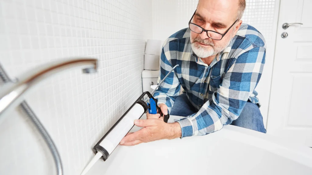Technician applying caulk around a white bathtub during a professional bathroom refinishing project.