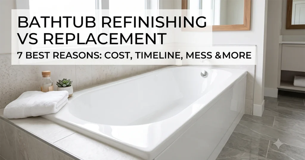 Bathtub refinishing vs replacement in a clean bathroom with a restored white tub