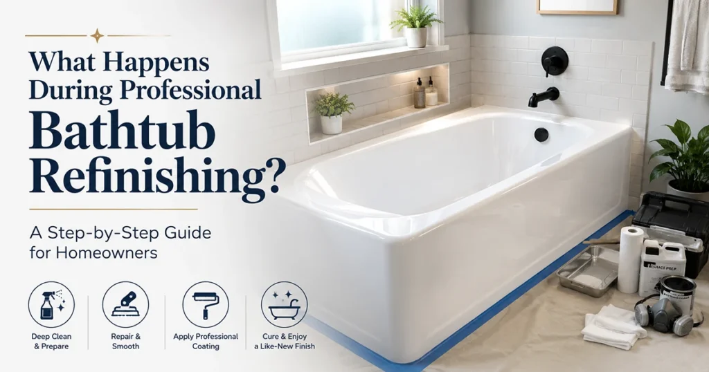 Professional bathtub refinishing process showing a restored glossy white tub in a clean bathroom.