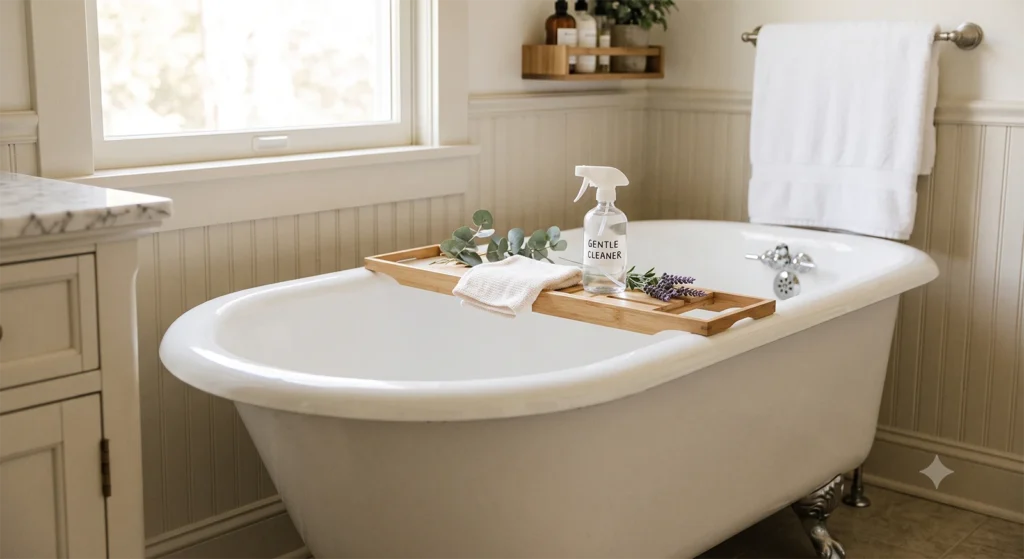 A sparkling clean, newly refinished clawfoot bathtub with a wooden tray holding a microfiber cloth and a spray bottle labeled "Gentle Cleaner" to demonstrate proper maintenance.