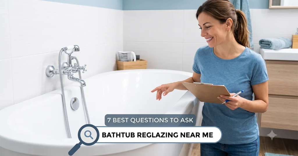 A professionally restored, glossy white bathtub in a bright, clean bathroom. A smiling woman holding a clipboard and pen points toward the tub, representing a homeowner or professional asking smart hiring questions. Overlay text in a search bar style reads 'BATHTUB REGLAZING NEAR ME' with a smaller label above that says '7 BEST QUESTIONS TO ASK'.