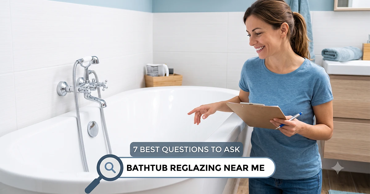 A professionally restored, glossy white bathtub in a bright, clean bathroom. A smiling woman holding a clipboard and pen points toward the tub, representing a homeowner or professional asking smart hiring questions. Overlay text in a search bar style reads 'BATHTUB REGLAZING NEAR ME' with a smaller label above that says '7 BEST QUESTIONS TO ASK'.