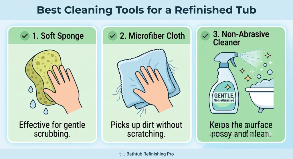 Soft sponge microfiber cloth and non-abrasive cleaner for refinished bathtub care