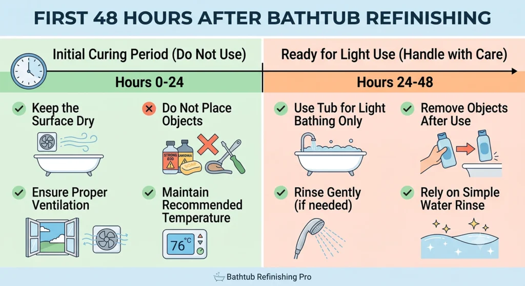 Timeline showing how to protect a newly refinished bathtub during the first 48 hours