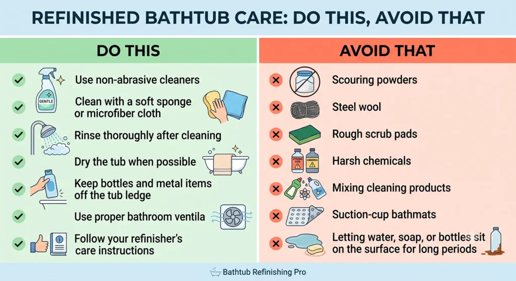 Checklist showing how to care for a refinished bathtub